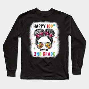 Bleached Happy 100th Day Of 2nd Grade Messy Bun Kids Girls Long Sleeve T-Shirt
